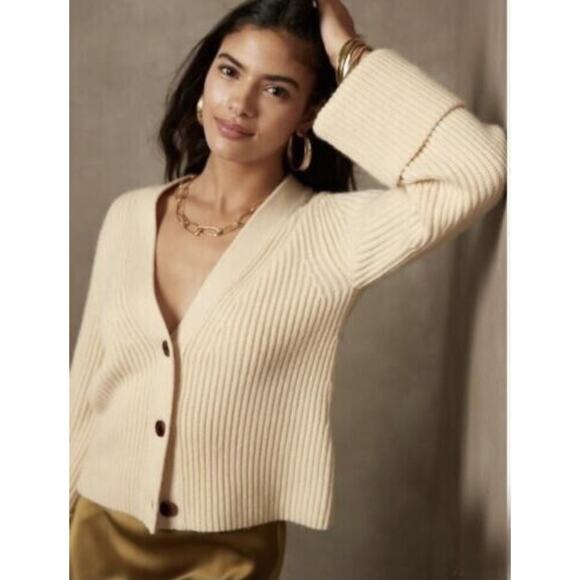 Banana Republic Talia Cream Ribbed Merino Cashmere Cardigan XS Button Front Cozy - Picture 1 of 15